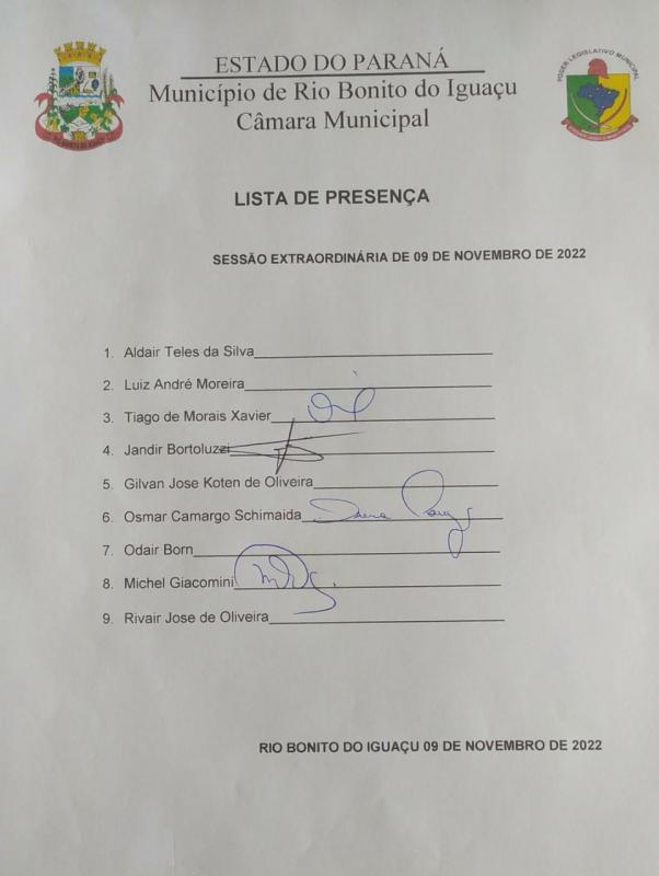Lista de Presença dos vereadores 09 de novembro de 2022